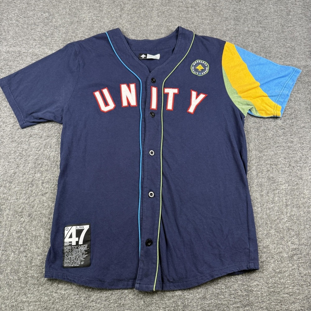LRG Unity‎ Jersey Shirt Mens Large Blue Lifted Research Group Button Colorblock